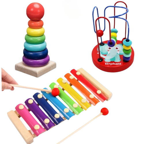 Kit 3 Brinquedos Educativos Montessori - Xilofone Aramado e Torre