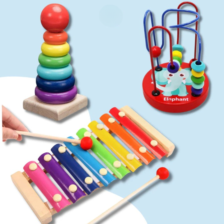 Kit 3 Brinquedos Educativos Montessori - Xilofone Aramado e Torre