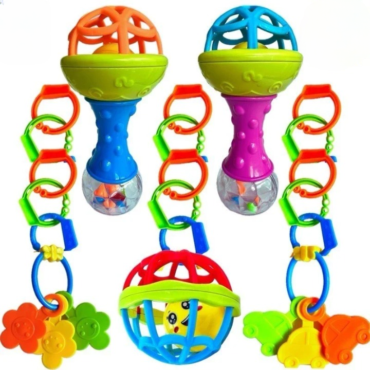 Kit de Chocalhos e Mordedores - Brinquedo Sensorial para Bebê 5 Peças