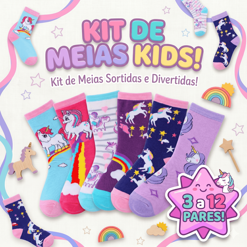 Kit Meia Infantil Menina Cano Médio Estampada Confortável Resistente 3 a 12 Pares