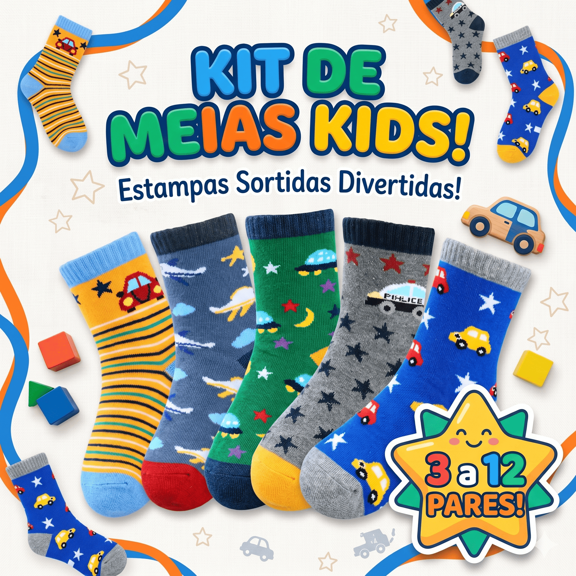 Kit Meia Infantil Menino Cano Médio Estampada Confortável Resistente 3 a 12 Pares
