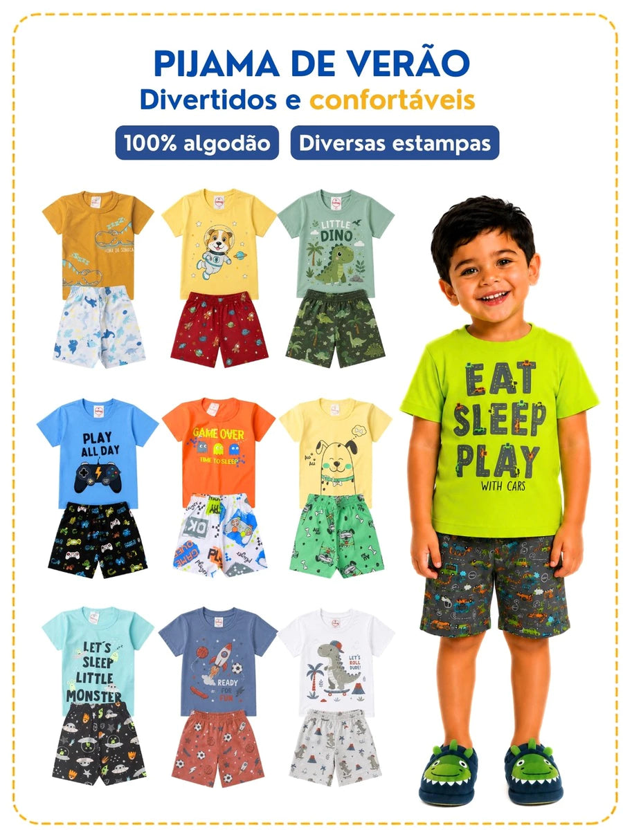 Pijama Infantil Menino Manga Curta Brilha no Escuro - Kit Camiseta + Short