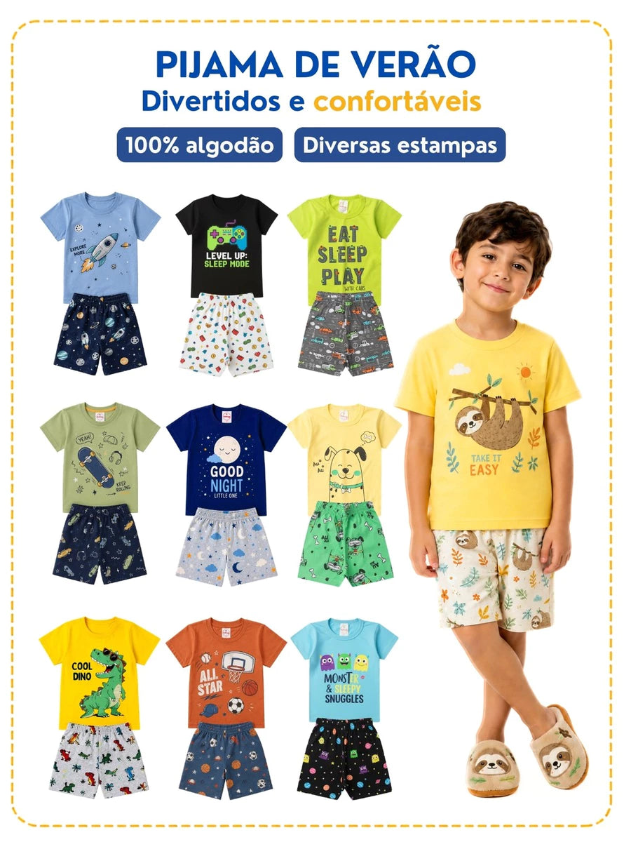 Pijama Infantil Menino Manga Curta Brilha no Escuro - Kit Camiseta + Short