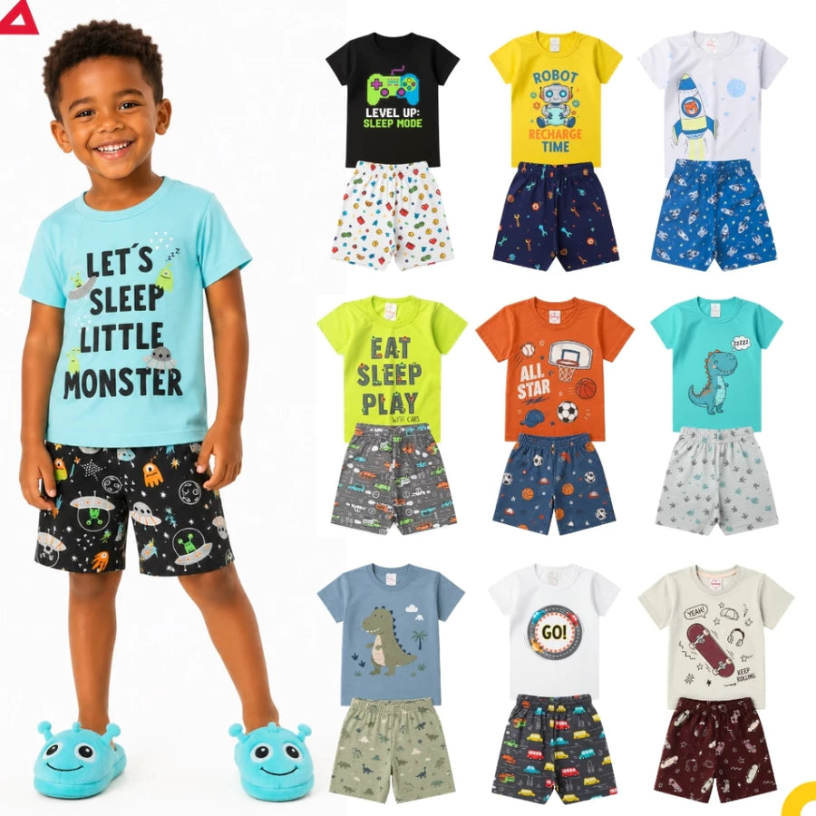 Pijama Infantil Menino Manga Curta Brilha no Escuro - Kit Camiseta + Short