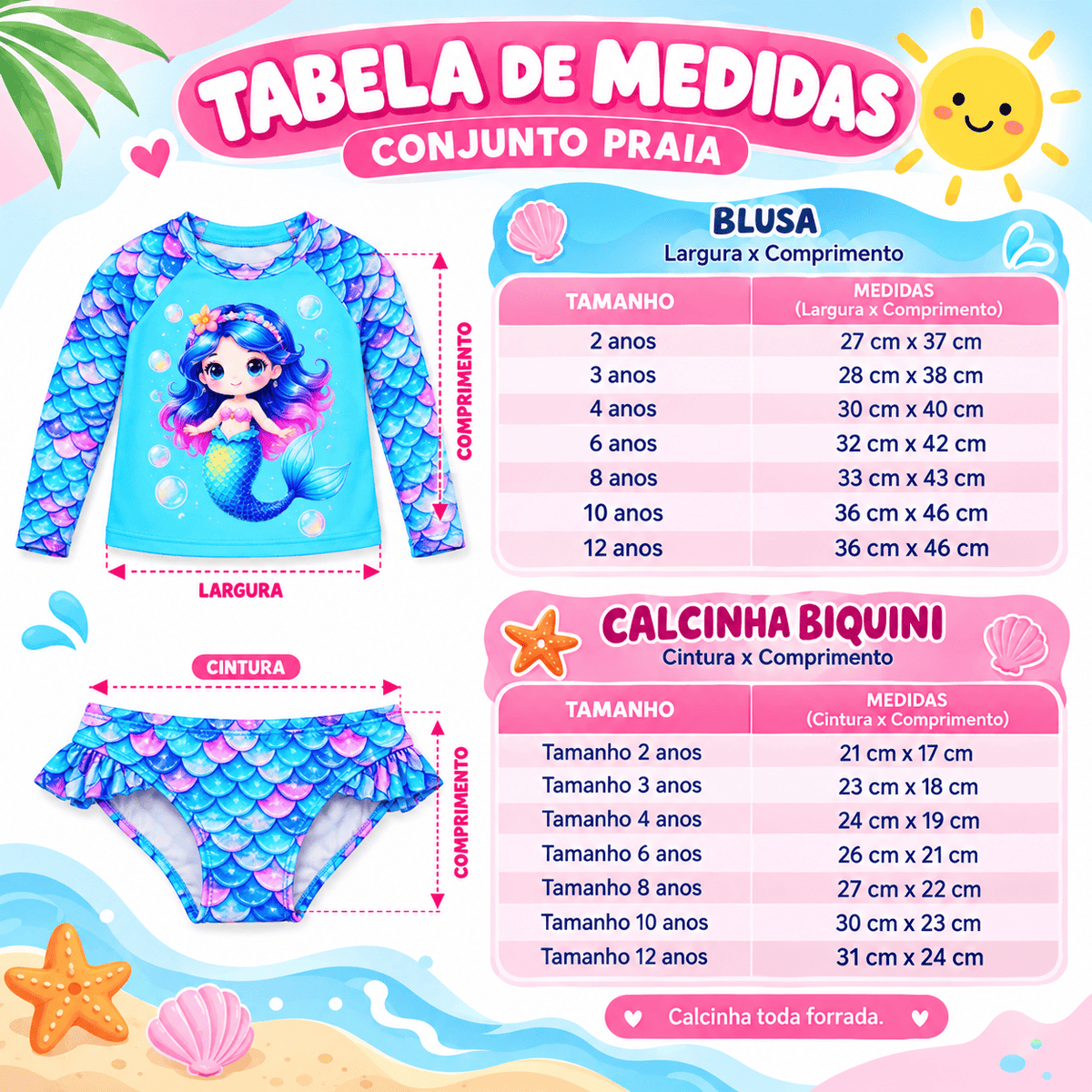 Conjunto Blusa Menina Infantil Praia Proteção Solar Uv Maiô Manga Longa