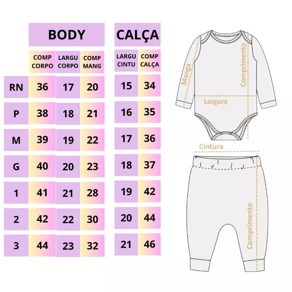 Conjunto Bebê Body Manga Longa e Calça - Kit 6 Peças