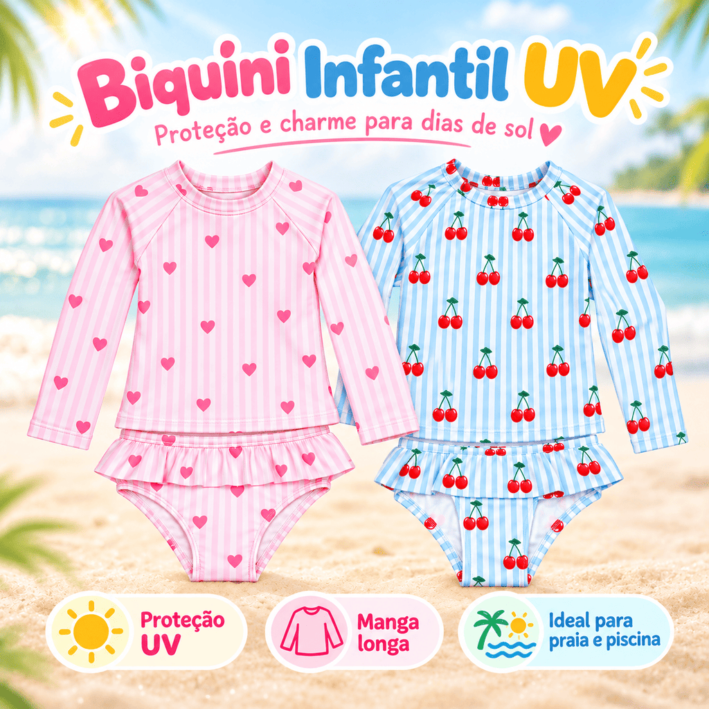 Conjunto Blusa Menina Infantil Praia Proteção Solar Uv Maiô Manga Longa