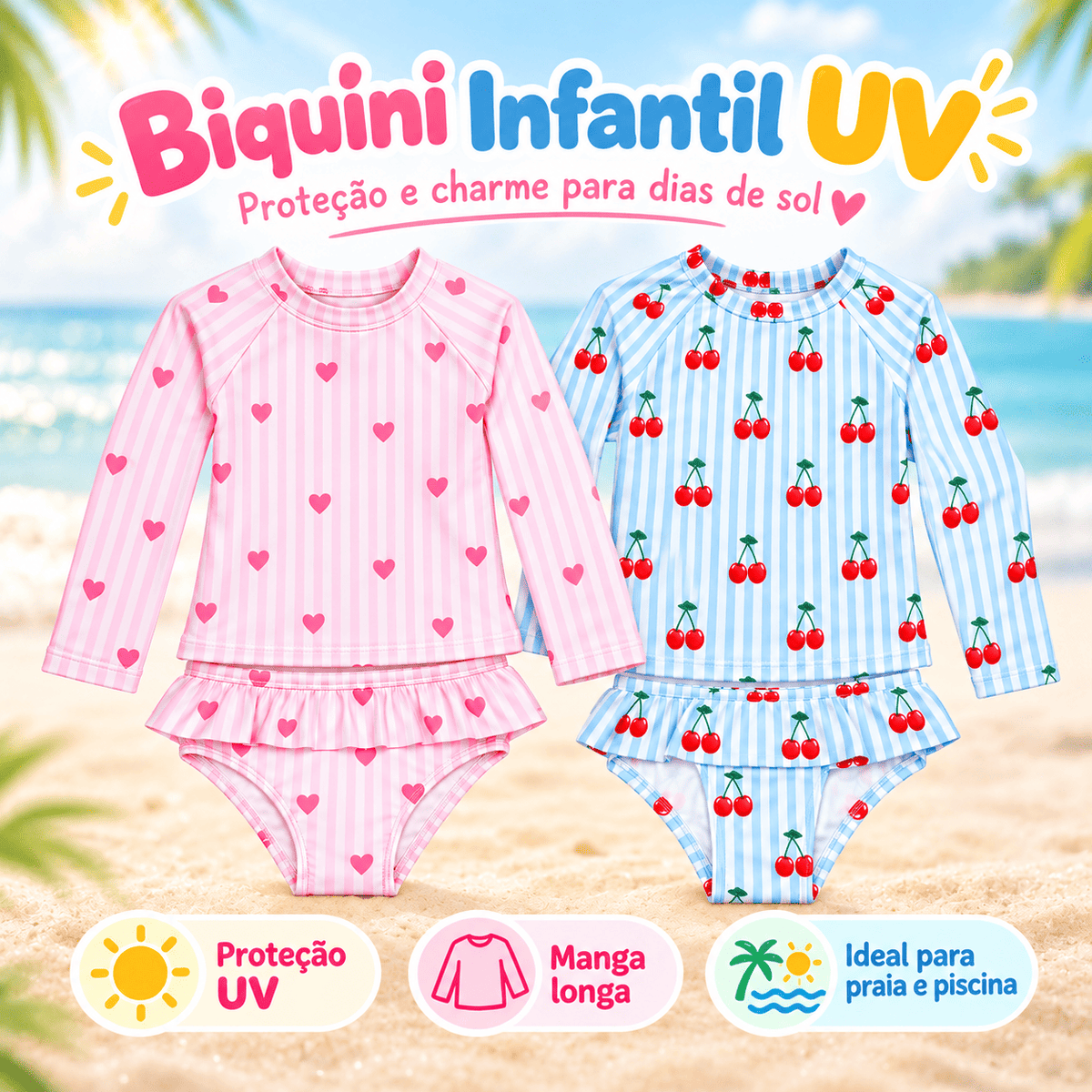Conjunto Blusa Menina Infantil Praia Proteção Solar Uv Maiô Manga Longa