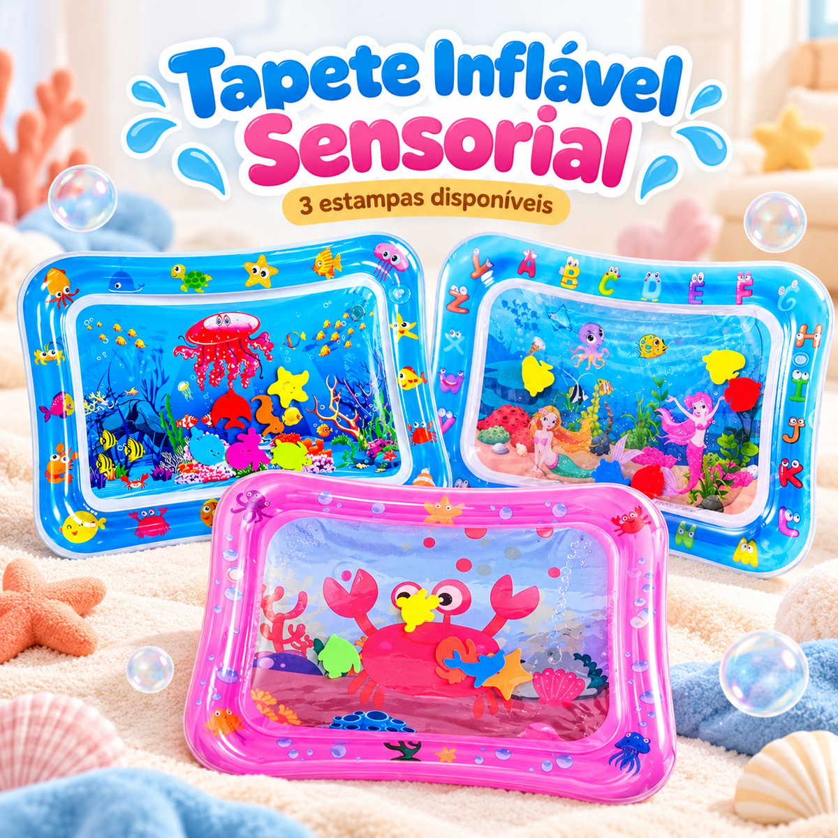 Tapete Inflável com Água Para Bebês Tummy Time Interativo