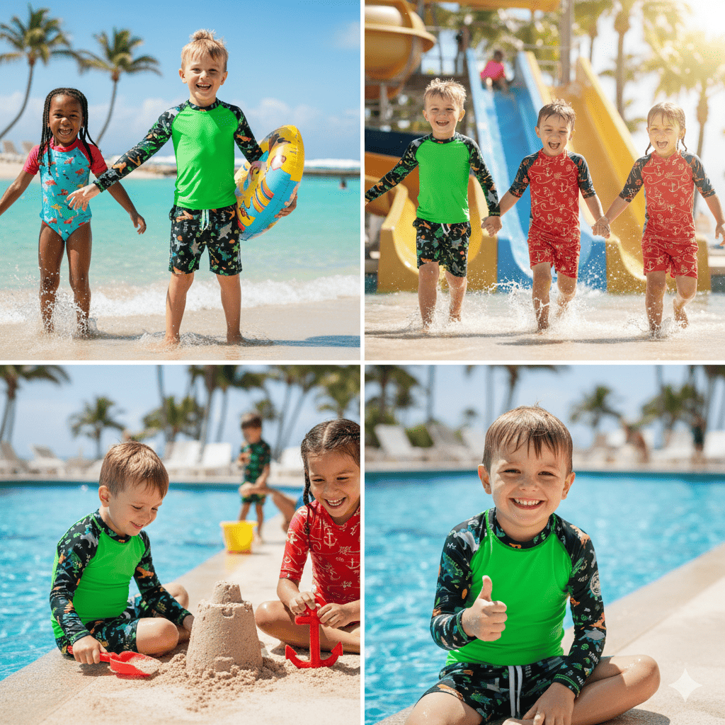 Conjunto Camisa + Sunga Boxer PROTEÇÃO UV 50+  Veste De 1 aos 16 anos