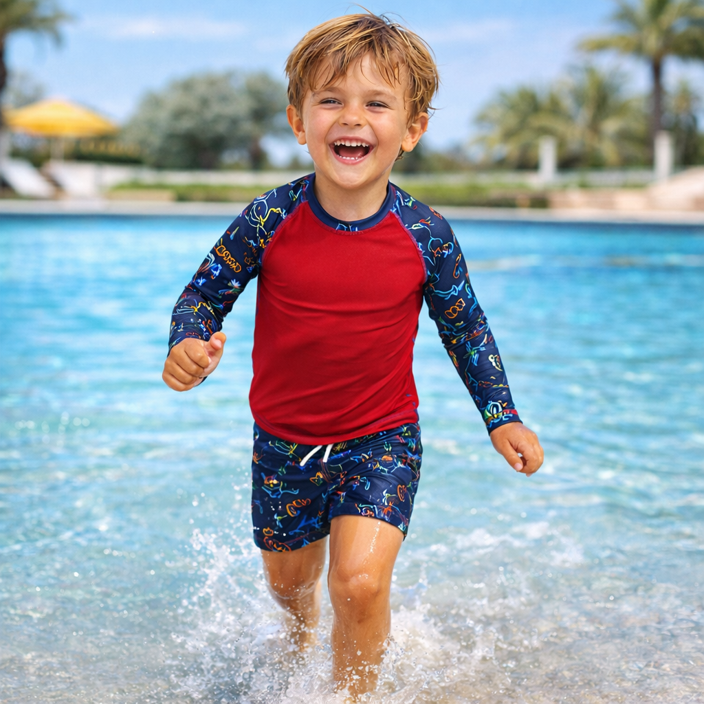 Conjunto Infantil Verão Praia Camisa + Sunga Boxer PROTEÇÃO UV 50+ Veste De 1 aos 8 anos