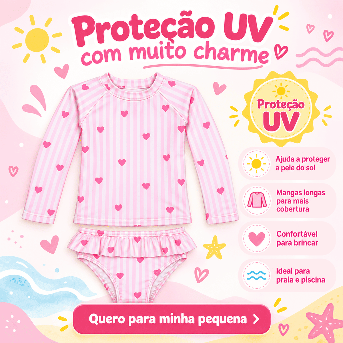 Conjunto Blusa Menina Infantil Praia Proteção Solar Uv Maiô Manga Longa