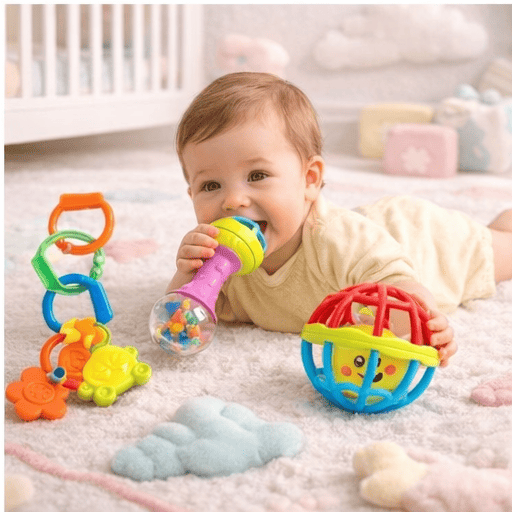 Kit de Chocalhos e Mordedores - Brinquedo Sensorial para Bebê 5 Peças