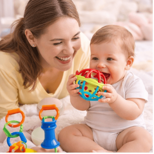 Kit de Chocalhos e Mordedores - Brinquedo Sensorial para Bebê 5 Peças