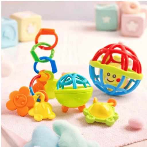 Kit de Chocalhos e Mordedores - Brinquedo Sensorial para Bebê 5 Peças