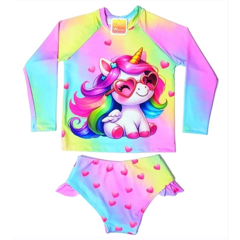 Conjunto Blusa Menina Infantil Praia Proteção Solar Uv Maiô Manga Longa